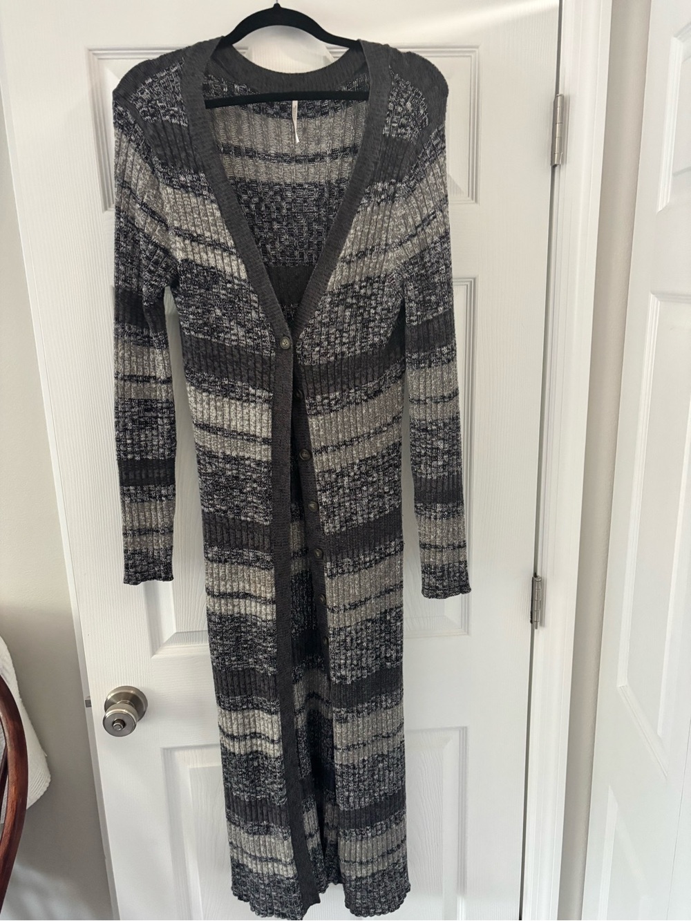 Free People Long Gray Striped Button-Front Cardigan Sweater